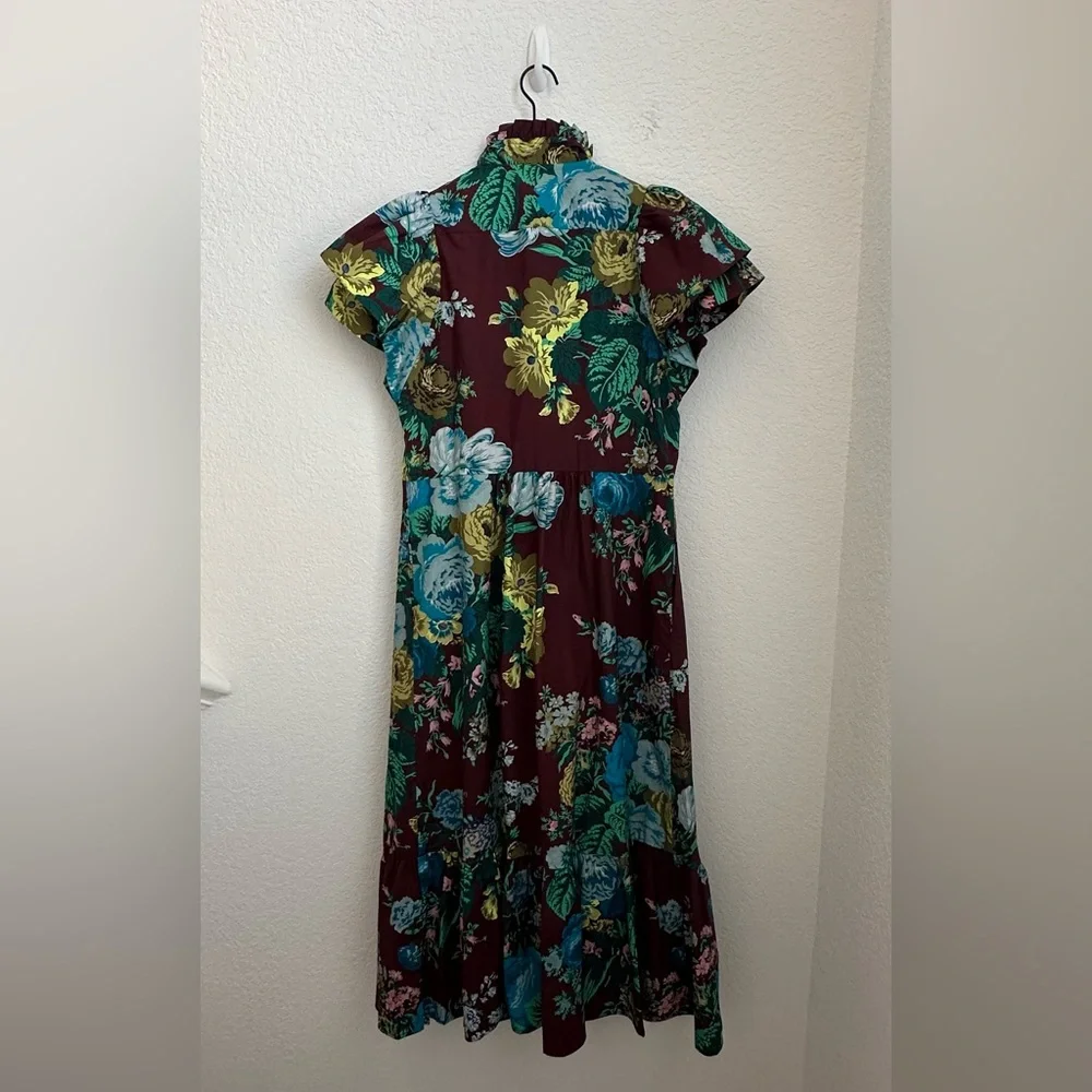 Tuckernuck Women Cotton Oxblood Blue Floral Alice Ruffled Collared Dress Size S - Picture 3 of 14